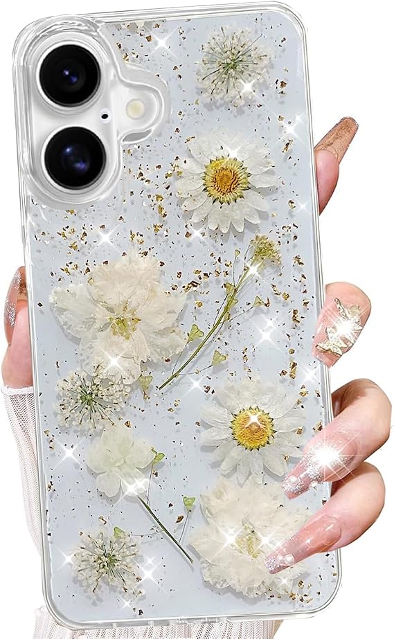 Changjia iPhone 16用クリアグリッターフローラルケース、かわいいプレスリアルフラワーデザイン キラキラ光るホワイトフローラルソフトTPUシリコンバンパー耐衝撃保護ケース 女性用 女の子用 iPhone 16 6.1インチ用、ホワイト