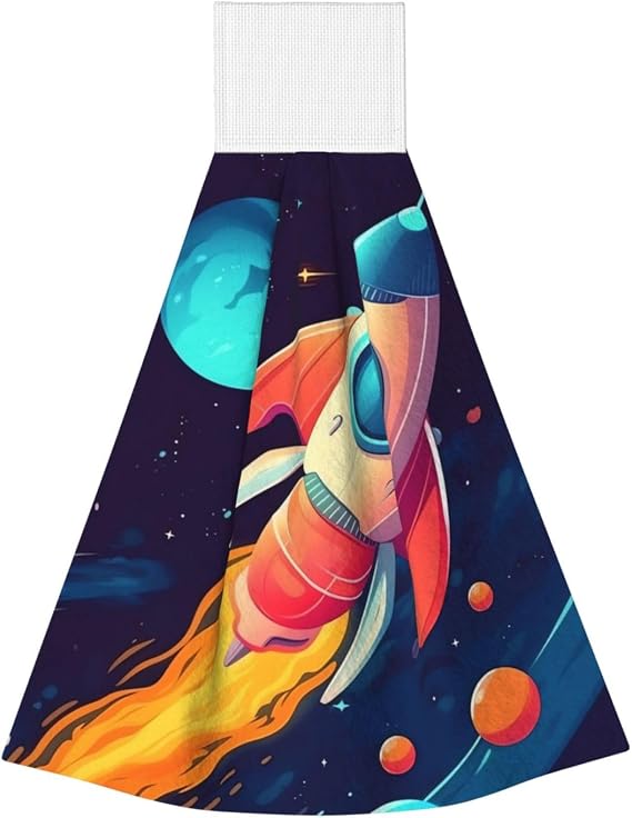 Hanging Hand Towel Soft Absorbent Bath Towel Kitchen Dish Towels with Hanging Loop Fast Drying Tie Towels for Bathroom Kitchen Home Decor Cartoon Rocket in Space