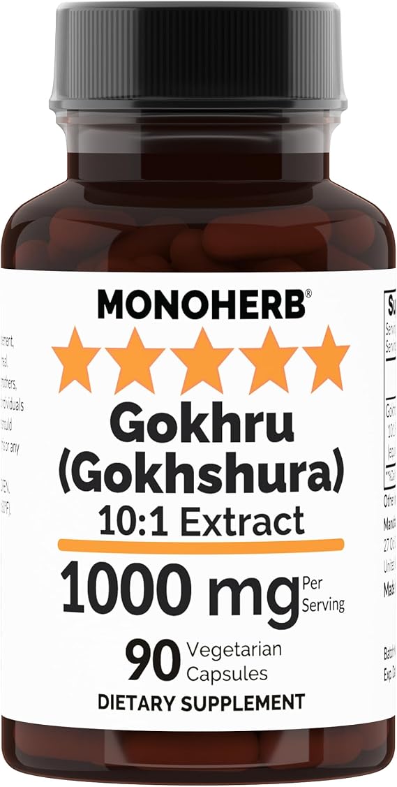 MONOHERB Gokhru - Gokhshura 10:1 Extract - 1000 mg per Serving - Serving Size: 2 Capsules - 45 Servings per Bottle