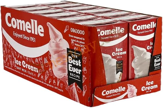 Comelle Ice Cream Mix Vanilla Soft Serve | Instant Ready to Freeze | UHT | Long Life Dairy Skimmed Milk | Sundea Mousse Dessert Shake | (With Lucky Boy Greetings Card) (12x1Lt)