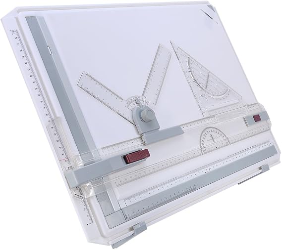 Drawing Board Set A3 Drafting Table Multifunctional College School Ergonomic Drawing Board Tool Set with 2 Parallel Motion Rulers and 2 Adjustable Corner Clips Measuring System Angle 510mm x 365mm