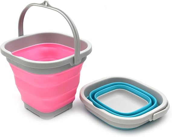 SAMMART 2.6L Super Mini Square Folding Plastic Bucket - Foldable Square Tub - Portable Fishing Water Bucket - Space Saving Outdoor Water Pot (Pink + Light Blue)
