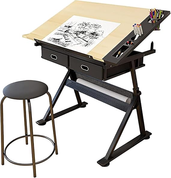 Adjustable Drawing Table, Architect Desk with Tilted Top, Height-Adjustable, Storage Space, 2 Drawers, Ideal for Home Office & Art Studio, Perfect for Sketching & Design