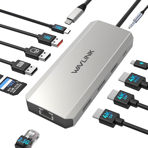 WAVLINK Displayport Docking Station, Dual DP, HDMI, 10Gbps USB A/C