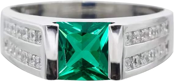 SISGEM 2ct Princess Emerald Engagement Ring, 925 Sterling Silver Mens Ring with Moissanite Accents, Green Emerald Ring Custom Name for Men Boy Birthday Anniversary Size UK I-Z+6