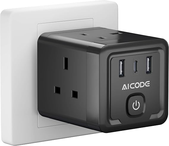 AICODE Multi Plug Adapter,4 Way Extension Sockets,3 USB Wall Charger,Black | 1 USB C & 2 USB A Ports,With Switch,13A UK 3 Pin Plug Extension,Cube USB Wall Plug Socket,Multiplug Adaptor For Home Office
