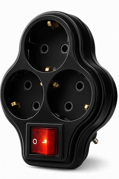 3lü Anahtarlı Golyat, Üçlü Topraklı Priz Duvar Tipi Çoklayıcı Fiş, 16A 250 Volt, Max 3600 Watt (Siyah)