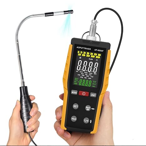 Anemometer Handheld, HVAC Wind Meter Hot Wire Anemometer with Wind Speed Airflow Velocity 0.1-30 m/s CFM/CMM Wind Flow 0-999900 MAX/MIN/AVG Temperature and Backlight LCD Display AP-9000F