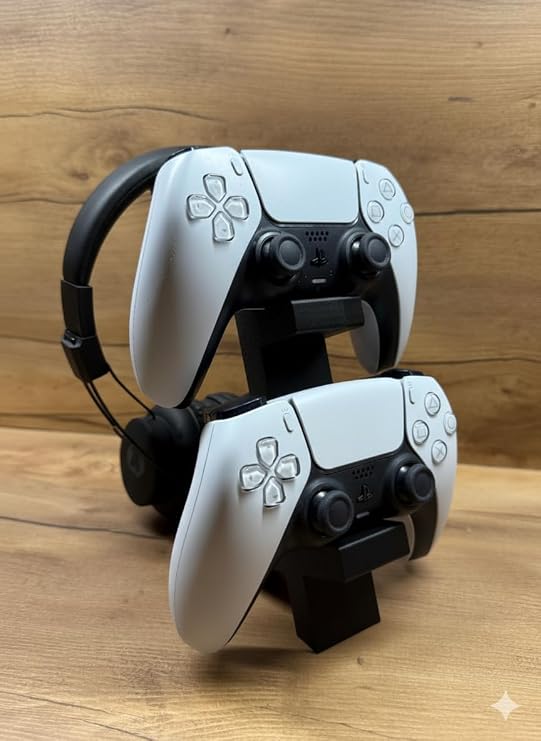 PS5 DualSense 2’li Oyun Kolu ve Kulaklık Standı Siyah Renk | 3D Baskı Şık Dikey Tutucu (21.5x18x4 cm)