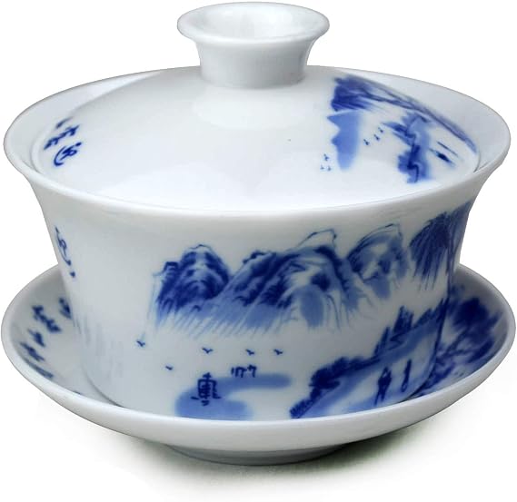 Liang baobao Porcelain Gaiwan 9oz Teacup White Glazed Tureen Chinese Sancai Cover Bowl Lip Cup Saucer Set Kits (Landscape)