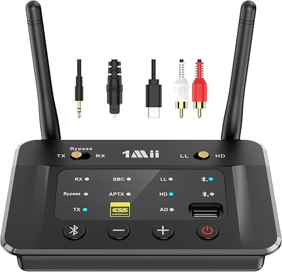 1Mii Bluetooth 5.3 Transmitter, Receiver, Supports USB Drive, AptX Adaptive/LL, Low Latency, HD/SBC/AAC Compatible, Bluetooth Transmitter, Receiver, BYPASS 3-in-1, DAC Aux x 0.1 inch 3.5 mm, RCA