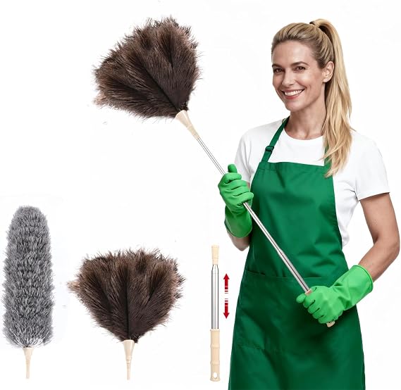 55" Extendable Feather Duster Set, Ostrich Feather & Microfiber Duster Heads with Telescopic Long Handle, Cobweb Duster for High Ceilings, Blinds, Radiators, Ceiling Fans, Shelves & Cars