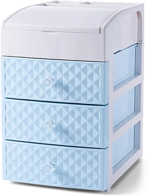 Storage Drawer Desktop Storage Box Plastic Drawer Type Storage Box with Transparent Handle Dresser Cosmetics Drawers Organizer Containers with Compartments Desktop Organiser Storage Box(Blue,3-Drawer)