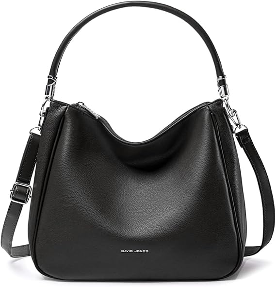 David Jones - Women's Hobo Shoulder Handbag - Shoulder Bag Faux Leather - Medium Size Tote Bag with Long Handle Handle - Fashion Classic Practical Elegant - Black