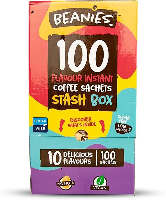 Beanies Mixed Flavoured Instant Coffee 100 Sachets with 10 Different Flavours in a variety pack, Freeze-Dried Granules, Premium Taste, Nut-Free, Rich in Flavour, Low-Calorie, Gluten-Free, Vegan