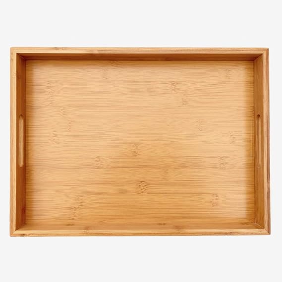 Bamboo Wooden Serving Tray - Natural Rectangle Butler Tray with Handle for Breakfast in Bed, Tea, Coffee Table, Food, Dinner