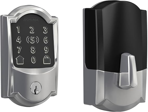Schlage BE499WBCAM625 Encode Plus Camelot WiFi Deadbolt Smart Keyless Entry Touchscreen Door Lock, Bright Chrome