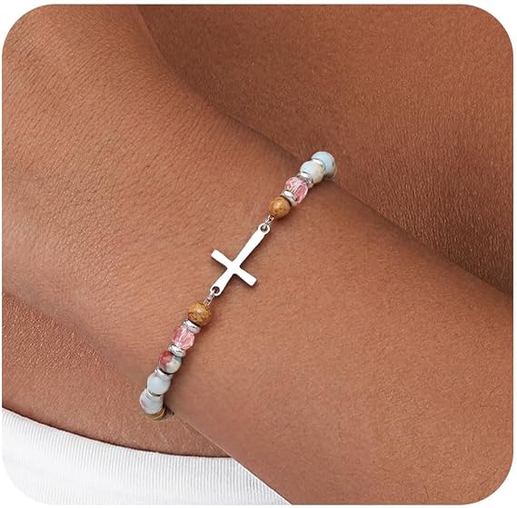 Dochais Beaded Bracelets for Women Men Stainless Steel Cross Bracelet Adjustable Crystal Bracelet Colorful Healing Natural Stones Friendship Christian Gifts