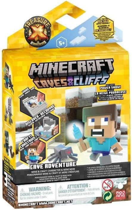Treasure X Minecraft Caves & Cliffs Cave Adventure Pack. Mine, Discover & Craft with 16 Levels of Adventure, Mine & Craft Character & Mini Mob to collect. Will you find the Real Gold Dipped Treasure?