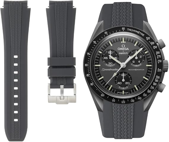 Omega x Swatch MoonSwatch için Örgü Kavisli Uçlu Kauçuk Saat Kayışları - Eğri Boşluk Yok Hızlı Çıkarma Yedek Silikon Bantlar Erkekler ve Kadınlar için Moonwatch Speedmaster için - 20 mm (Koyu Gri, 20