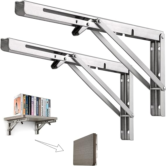 Folding Shelf Brackets 8Inch,2pcs Heavy Duty Stainless Steel Collapsible Shelf Bracket for Bench Table,Folding Brackets Wall Mounted, DIY Triangle Bracket, Space Saving (8in)