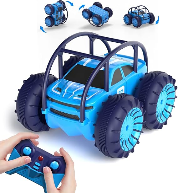 MaxTronic Fast Direct Charging Remote Control Cars, 360° Flip Waterproof Stunt Car with ON/OFF Cool LED, 2.4GHz 4WD All Terrain 15KM/H Indoor Outdoor Kids RC Toy Gift ideas for Kids Boys Girls 3-12