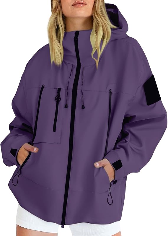 Lightweight Waterproof Jacket Womens, Casual Outdoor Raincoats with Hooded, Breathable Zip Up Softshell Jackets with Pockets, For Spring Fall Winter