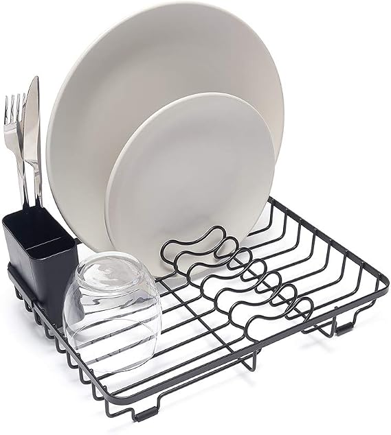 simplywire – Compact Dish Drainer – Plate Drying Rack with Cutlery Basket – Small - Black Powder Coated Steel