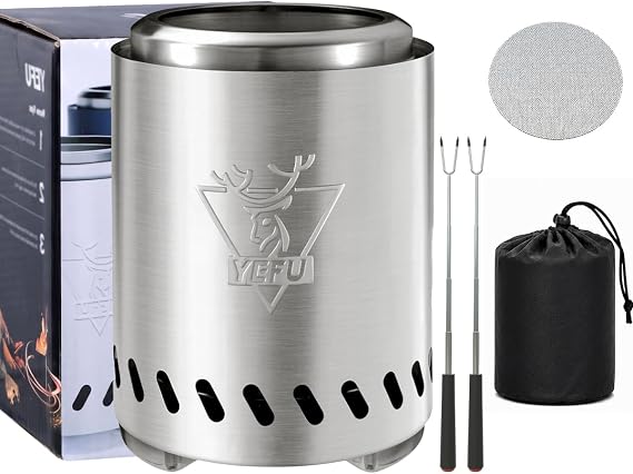 YEFU Wood Stove, Triple Burning Bonfire Stand, Outdoor Pellet Stove | Carry Bag, Roasting Fork, 304 Stainless Steel, Easy to Clean Ash Pan, Wood or Pellet, Outdoor Camping Picnic