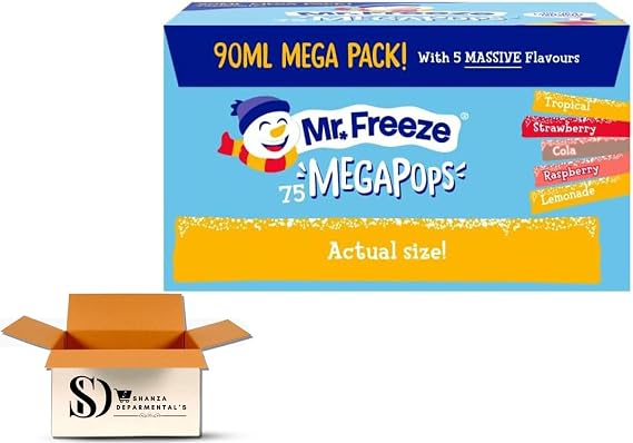 Mr Freeze Mega Pops Assorted Flavours 75x90ml -Lemonade, Raspberry, Cola, Strawberry & Tropical Flavors - Perfect for Parties & Kids Refreshing Ice Pops for Summer Fun - Bulk Pack of 75 ice pops