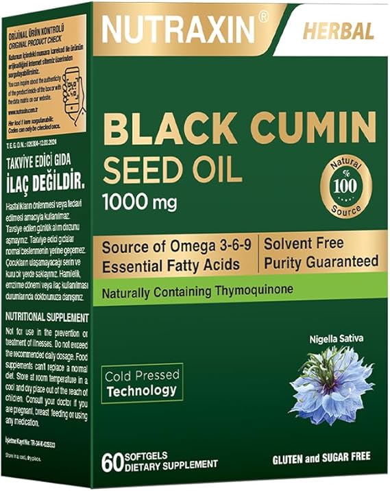 Nutraxin Black Cumin Seed Oil – Soğuk Sıkım Çörek Otu Yağı, 1000 mg, 60 Yumuşak Kapsül – Helal Sertifikalı Takviye Edici Gıda