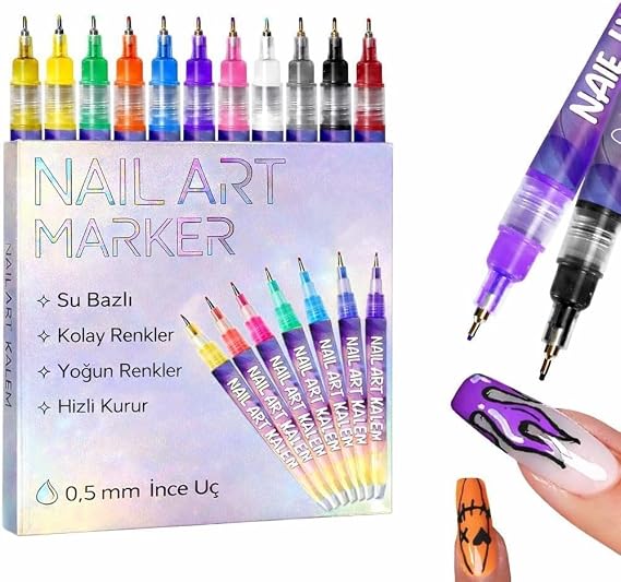 RIVANO 12 Renk Oje Sanatı Kalemi Seti, Su Bazlı Hızlı Kuruyan Tırnak Art Kalemi, Çocuklar ve Yetişkinler İçin Kolay Tırnak Boyama ve Nail Art Tasarım Seti