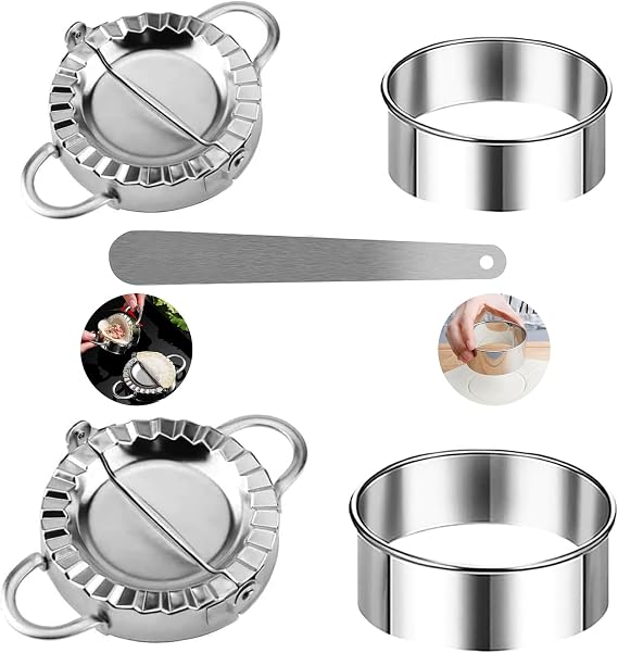 Dumpling Maker, 5 Pcs Dumpling Maker Set, Stainless Steel Dumpling Maker Set Dumpling Mould Ravioli Maker and Flour Ring Cutter with Stuffing Spoon for Dumpling Ravioli Pastry Empanadas