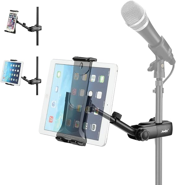 Moukey Adjustable Tablet Holder for Microphone Stands, Mic Stand Clamp Mount Bracket for Smartphones, 90°Flexible Tablet Stand Mmsph-1