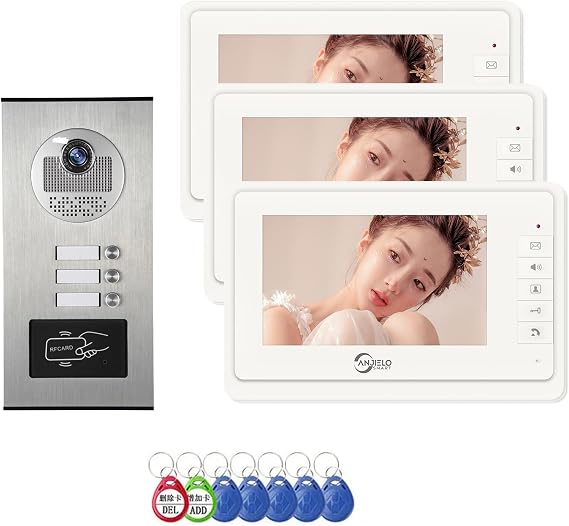 Wired Video Apartment Intercom System,6 Units 7 inch Monitor Video Door Phone Kit,Indoor Outdoor Video Doorbell, ID Card Unlock, 2 Way Audio, 6-Screen for Home Apartment (1 Doorbell+3 Monitor)