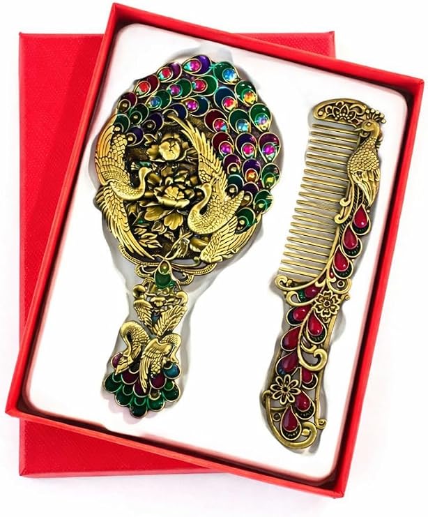 Vintage Aynalı Tarak Seti, Altın Renkli Metal, Renkli Taşlı, Tavus Kuşu ve Çiçek Desenli, 2 Parça, Hediye Kutulu