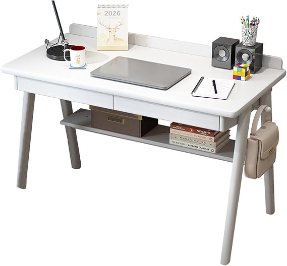 Solid Wood Writing Desk with Drawers, Minimalist Computer Desk for Home Office, Study, Creativity, PC Workstation, 39 Inch, White