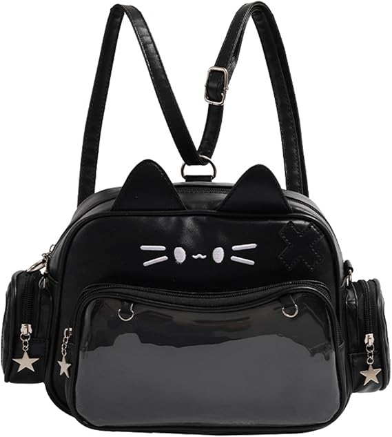 Japanese Student Large Capacity Itabag Backpack for Pin Display Cats Ears Clear Pocket Front Crossbody Shoulder Bag