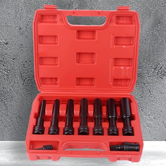9pcs Extended Hex Socket Set 1/2 Inch Drive Deep Reach Wrench Adapter Kit With Joint And Extension Bar For Automotive Repair Tools 8mm To 19mm Sizes