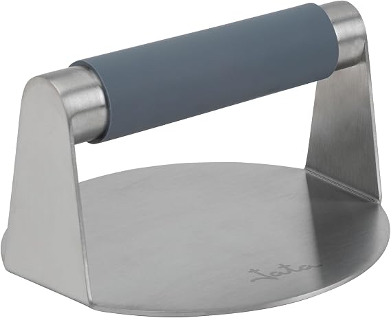 JATA HOGAR HPRE2544 – Smash Burgers Stainless Steel Press – Non-Slip Silicone Handle – Ideal for Burgers, Meats, Sandwiches and Vegetables – Easy Cleaning and Use – Measures 14.5 x 7.5 cm