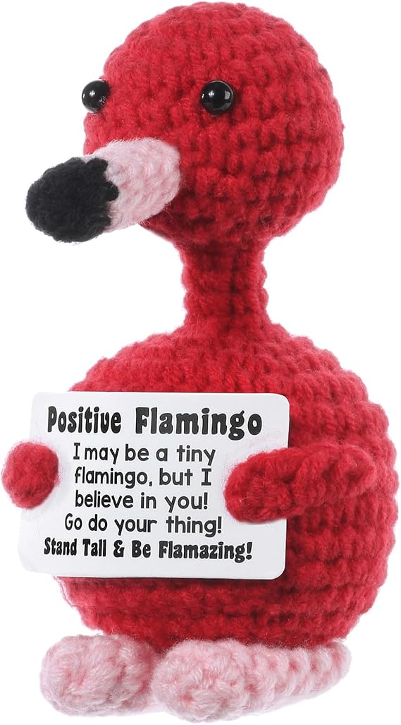 BuyCard Positive Flamingo, Soft Knitted Crochet Flamingo with Encouragement Card Positive Support Animals Decorations and Inspirational Gifts for Friends Family, Flamingo Gift. (Red Flamingo)