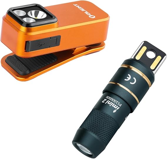 OLIGHT Imini2 Flashlight, Mini Light, Keychain Light Elf Blue & Oclip Pro S Clip, LED Running Light Orange