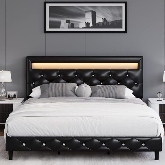Modern Upholstered Platform Bed Frame with LED Headboard, Faux Leather Thin Platform Bed Frame, Strong Wood Slat Support, Adjustable LED Headboard, Easy Assembly, Black, Queen Size