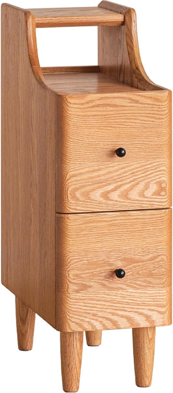 Narrow 20cm Solid Oak Bedside Table with 2 Drawers, Slim for Small Bedroom