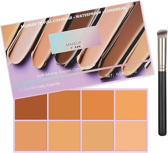 Soft Matte Cream Concealer 8 Shade Fade Palette with Applicator, Waterproof Full Coverage Cream for Blemishes & Cover, Long-Lasting Lightweight Formula Safe (Medium color)