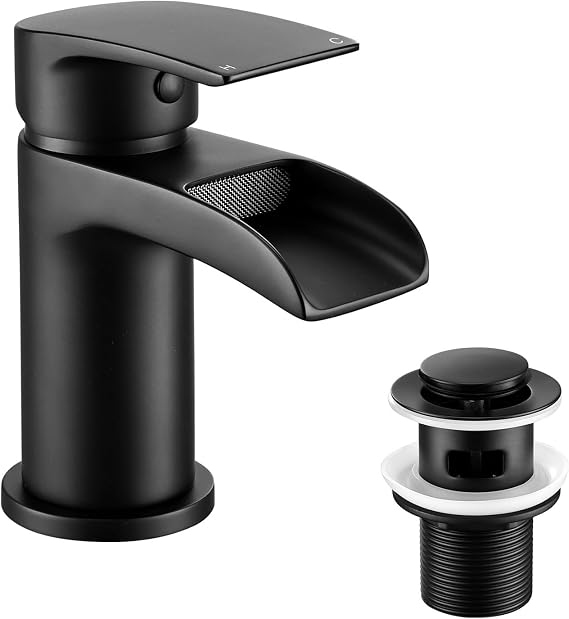 Peppermint Black Bathroom Tap with Pop Up Waste, Waterfall Basin Taps Mixer