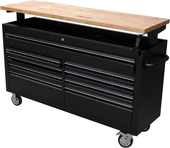 61" Black Powder Coated Steel Tool Chest 9 Drawers with Adjustable Height Wooden Top