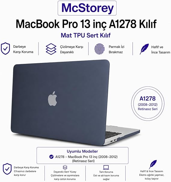 McStorey MacBook Pro Kılıf 13 inç A1278 2008 2009 2010 2011 2012 Uyumlu Mat Sert TPU Hardcase Çizilmez Darbeye Dayanıklı İnce Hafif Koruyucu Kapak Siyah