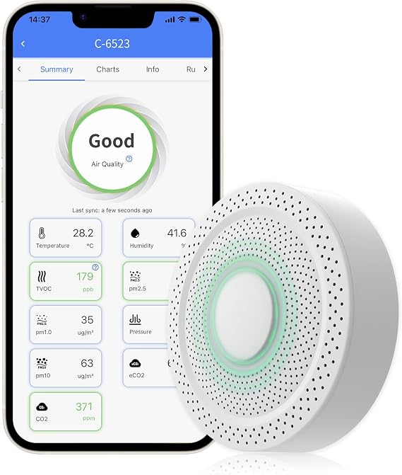 UbiBot AQS1 9-in-1 Air Quality Monitor - PM1/2.5/10, TVOC, CO2/CO2e, Temperature & Humidity, Multiple Alerts, WiFi/RS485/LAN Connectivity