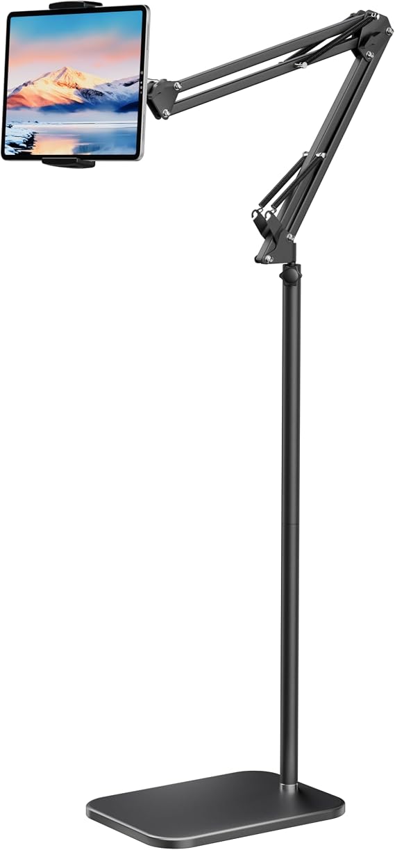 LanPavilion Tablet Floor Stand with Upgraded Weighted Base, Adjustable Arm Tablet Stand Phone Holder for Bed Sofa Use, Compatible with iPad Pro, Air, iPhone, Samsung Tab, Kindle, 4.7''-13'' Devices